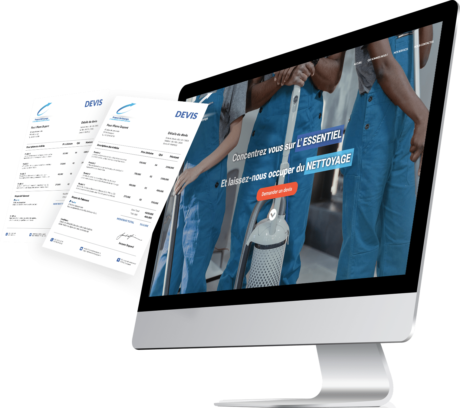 Ecran affichant l'accueil du site FranceNettoyage.paris d'où sort des devis